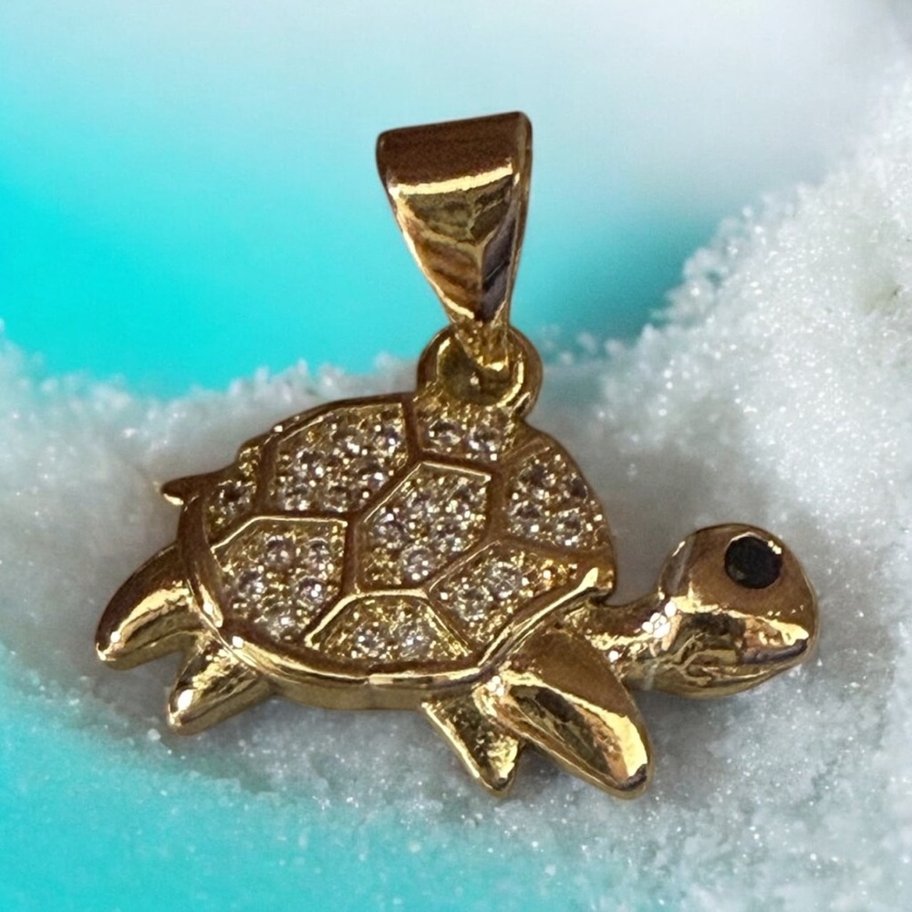 Set of 2 14k Gold Electroplated and Cz Stones Paved Turtle Theme Pendants